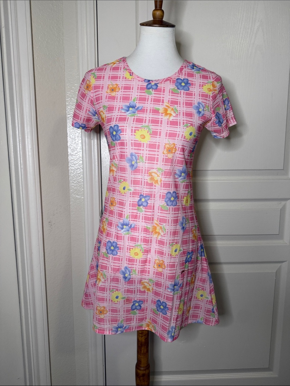 Vintage 90s Venice Blvd Pink Floral Plaid Short-Sleeve Mini Dress Sheer Sz S